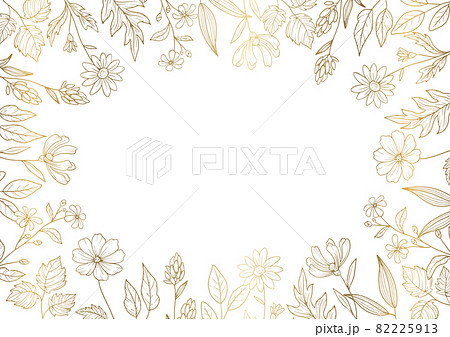花で周りを装飾したデザインフレーム 線画ゴールドのイラスト素材