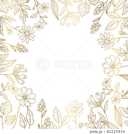 花で周りを装飾したデザインフレーム 線画ゴールドのイラスト素材