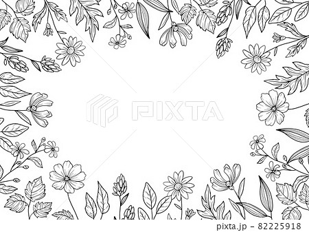 花で周りを装飾したデザインフレーム 線画のイラスト素材