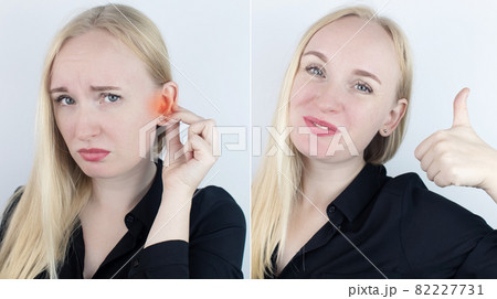 Before and after. On the left, the woman indicates ear pain, and on the right, indicates that the ear no longer hurts. Pain management and professional medical care assistance concept Before and after. On the left, the woman indicates ear pain, and on the right, indicates that the ear no longer hurts. Pain management and professional medical care assistance concept 82227731