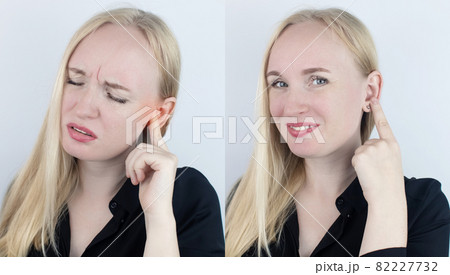 Before and after. On the left, the woman indicates ear pain, and on the right, indicates that the ear no longer hurts. Pain management and professional medical care assistance concept Before and after. On the left, the woman indicates ear pain, and on the right, indicates that the ear no longer hurts. Pain management and professional medical care assistance concept 82227732