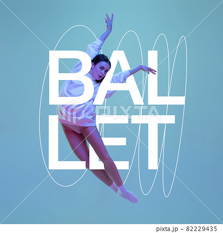 Portrait of beautiful graceful girl, ballerina dancing isolated on blue background in neon light. Contemporary art collage. Inspiration, idea, trendy urban magazine style. Portrait of beautiful graceful girl, ballerina dancing isolated on blue background in neon light. Contemporary art collage. Inspiration, idea, trendy urban magazine style. 82229435
