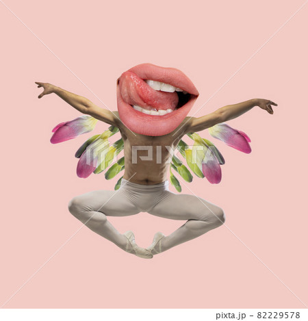 Contemporary art collage, design. Inspiration, idea, imagination, magazine style. Male graceful ballet dancer portrait with female mouth instead head on light background Contemporary art collage, design. Inspiration, idea, imagination, magazine style. Male graceful ballet dancer portrait with female mouth instead head on light background 82229578