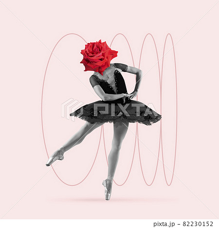 Modern design, contemporary art collage. Inspiration, idea, trendy urban magazine style. Female beauty portrait with flowers instead head on light background 82230152