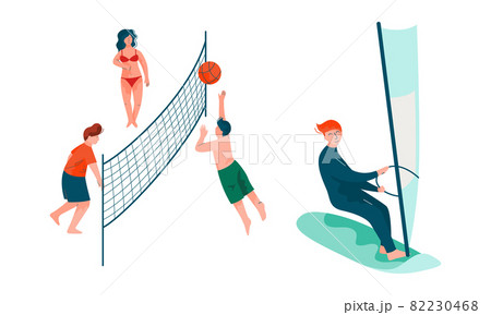 Man and Woman Playing Volleyball and Windsurfing Vector Set 82230468