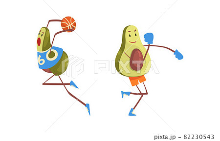 Cute Avocado Character Playing Basketball and Boxing Vector Set 82230543