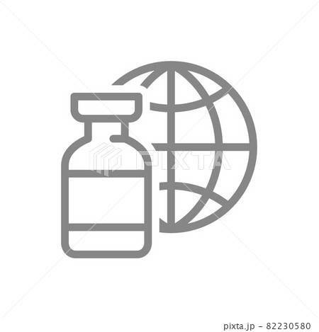 Medical ampoule and the globe Earth line icon. Worldwide immunity, vaccine, serum, collective immunity symbol 82230580