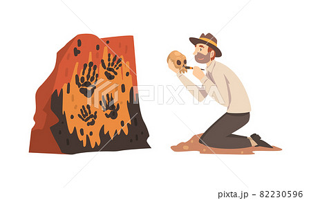 Man Archaeologist with Brush Searching for Material Remains Vector Set Man Archaeologist with Brush Searching for Material Remains Vector Set 82230596