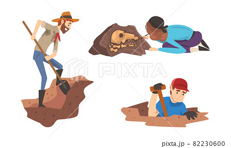 Man and Woman Archaeologist with Shovel Searching for Material Remains Vector Set Man and Woman Archaeologist with Shovel Searching for Material Remains Vector Set 82230600