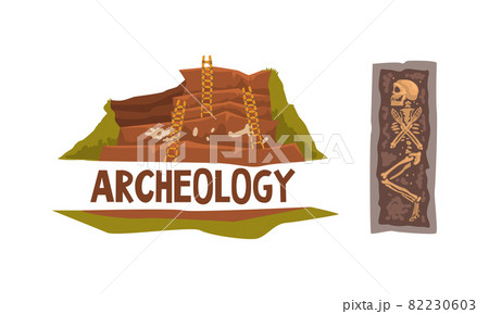 Archeology and Paleontology Ancient Artifacts with Bones and Burried Human Body Vector Set 82230603