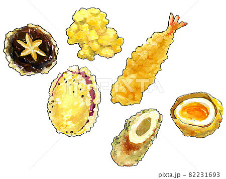 水彩 天ぷら6種類 イラストのイラスト素材 [82231693] - PIXTA