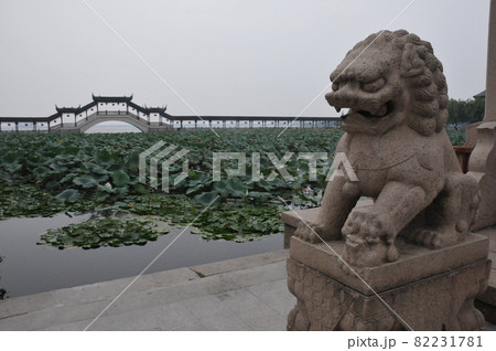 中国、江蘇省、錦渓、古蓮池、古蓮長堤と三亭橋、江南水郷、古鎮（古い街並みの残る風情ある町） 82231781