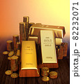 Gold bars on hard wood back. 3d render 82232071