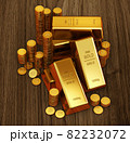 Gold bars on hard wood back. 3d render 82232072