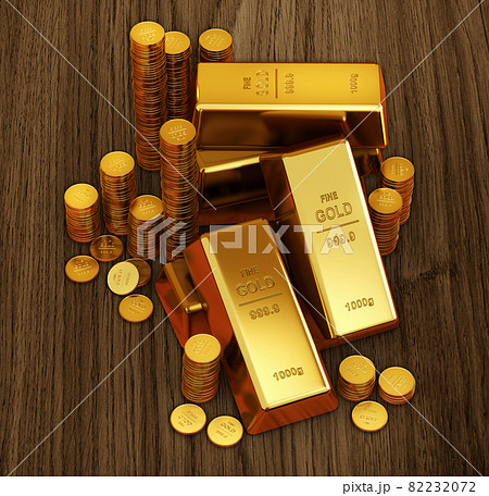 Gold bars on hard wood back. 3d render Gold bars on hard wood back. 3d render 82232072