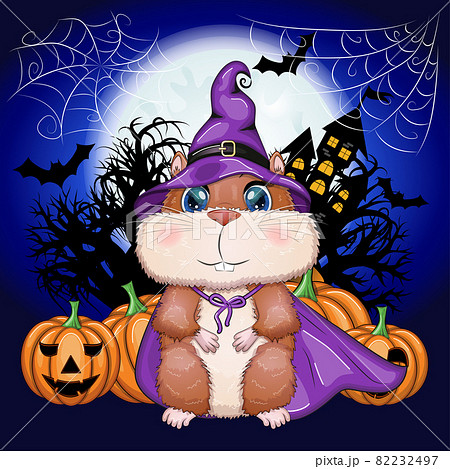 Cartoon hamster wearing a purple witch's hat and cloak with a broom, potion or jack pumpkin. Against the background of the castle, the moon, flying mice. Halloween poster Cartoon hamster wearing a purple witch's hat and cloak with a broom, potion or jack pumpkin. Against the background of the castle, the moon, flying mice. Halloween poster 82232497