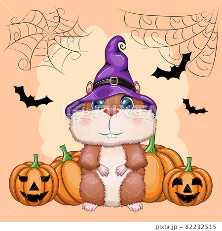 Cartoon hamster wearing a purple witch's hat and cloak with a broom, potion or jack pumpkin. Against the background of the castle, the moon, flying mice. Halloween poster Cartoon hamster wearing a purple witch's hat and cloak with a broom, potion or jack pumpkin. Against the background of the castle, the moon, flying mice. Halloween poster 82232515