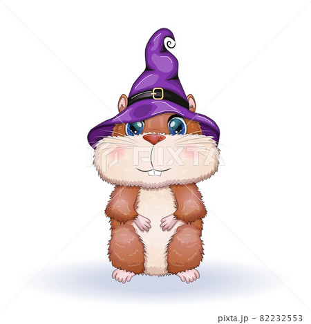 Cartoon hamster wearing purple witch hat with broom, potion or pumpkin jack. Halloween poster Cartoon hamster wearing purple witch hat with broom, potion or pumpkin jack. Halloween poster 82232553