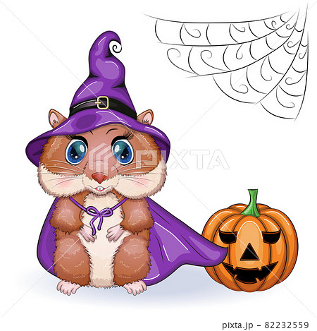 Cartoon hamster wearing purple witch hat with broom, potion or pumpkin jack. Halloween poster Cartoon hamster wearing purple witch hat with broom, potion or pumpkin jack. Halloween poster 82232559