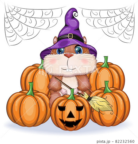 Cartoon hamster wearing purple witch hat with broom, potion or pumpkin jack. Halloween poster Cartoon hamster wearing purple witch hat with broom, potion or pumpkin jack. Halloween poster 82232560