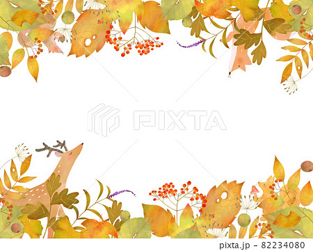 北欧風オシャレな秋の植物や森の動物の白バックベクターフレームのイラストのイラスト素材