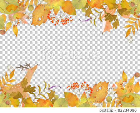 北欧風オシャレな秋の植物や森の動物の白バックベクターフレームのイラスト 82234080