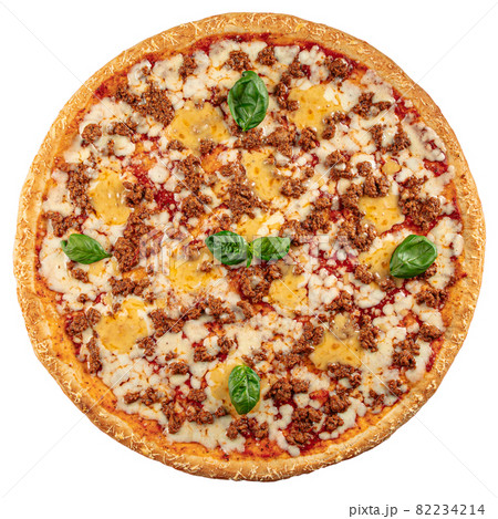 Isolated minced beef pizza with cheese 82234214