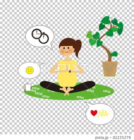 Pregnant woman doing yoga with a smart watch Home time Pregnant woman doing yoga with a smart watch Home time 82235279