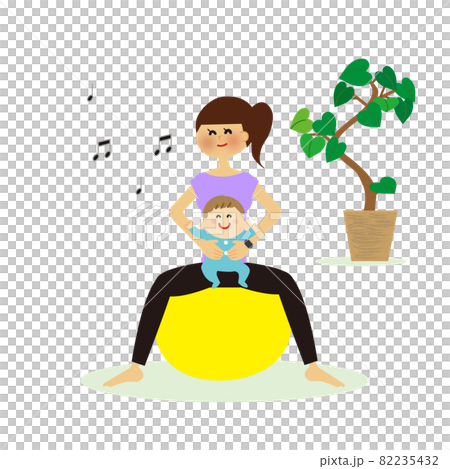 スマートウォッチをつけてバランスボールを楽しむ親子のイラスト素材