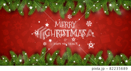 Christmas Vector Composition. Holiday Wishes on Red Background with Fir Branches 82235689
