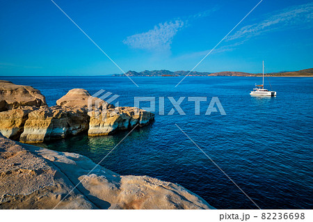 Yacht boat at Sarakiniko Beach in Aegean sea, Milos island , Greece 82236698