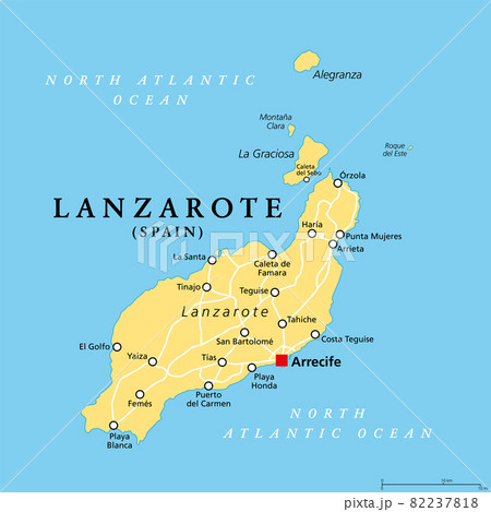 Lanzarote, political map, with capital Arrecife. Northernmost and easternmost island of Canary Islands, an archipelago and autonomous community of Spain, in the Atlantic Ocean off the coast of Africa. 82237818