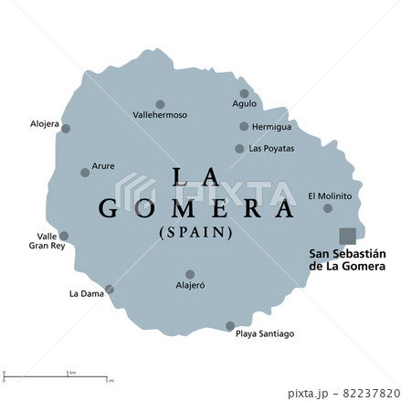 La Gomera island, gray political map with capital San Sebastian de La Gomera. Part of Canary Islands, an archipelago and autonomous community of Spain, in North Atlantic Ocean off the coast of Africa. 82237820