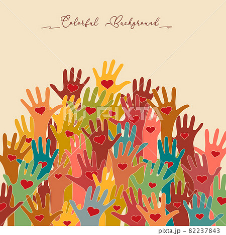 Multicolored hands with hearts in the palms 82237843