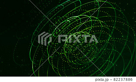 abstract sci-fi background with glow particles form curved lines, surfaces, hologram structures or virtual digital space. Green motion design background of microworld or cosmic space. Rings 82237886