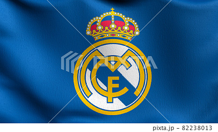 Real Madrid flag blowing in the wind. Emblem of Football Club FC Premier League. Champion winner in soccer. 3d illustration. Sport team game. Real Madrid flag blowing in the wind. Emblem of Football Club FC Premier League. Champion winner in soccer. 3d illustration. Sport team game. 82238013
