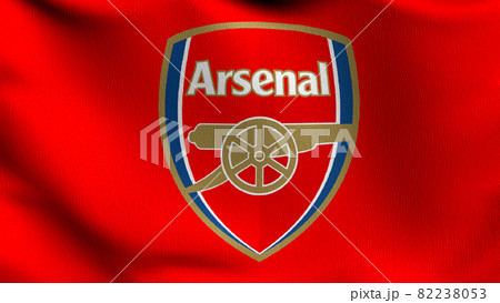 Arsenal flag blowing in the wind. Emblem of Football Club FC Premier League. Champion winner in soccer. 3d illustration. Sport team game. Arsenal flag blowing in the wind. Emblem of Football Club FC Premier League. Champion winner in soccer. 3d illustration. Sport team game. 82238053