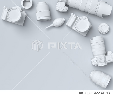 Top view of monochrome designer workspace and photography gear on black table Top view of monochrome designer workspace and photography gear on black table 82238143