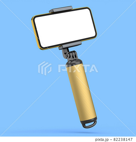Realistic smartphone with blank white screen and selfie stick isolated on blue 82238147