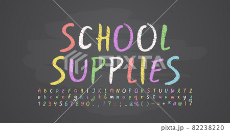 Multicolored school chalk style font. Vector alphabet letters and numbers on dark chalkboard Multicolored school chalk style font. Vector alphabet letters and numbers on dark chalkboard 82238220