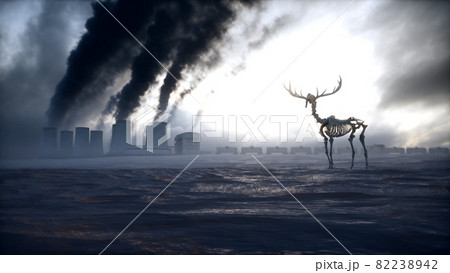 Ecology pollution concept. Dirty dark atmosphere. Deer skeleton. Ecological problem. Factory smoke. 3d rendering. 82238942