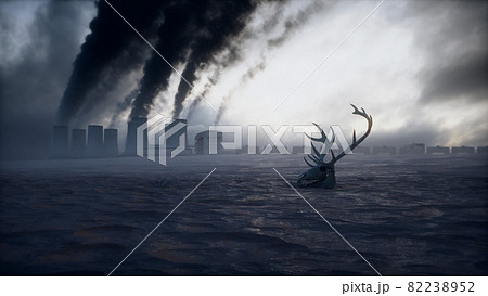 Ecology pollution concept. Dirty dark atmosphere. Deer skeleton. Ecological problem. Factory smoke. 3d rendering. 82238952