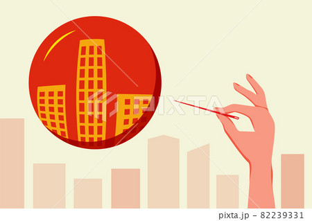 Chinese real estate crisis concept. Red Balloon with buildings inside. 82239331