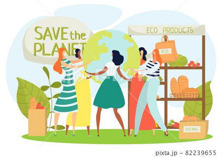 Eco food market, zero waste grocery, vector illustration, woman people character buy bag, natural organic product, recycle, reusable goods Eco food market, zero waste grocery, vector illustration, woman people character buy bag, natural organic product, recycle, reusable goods 82239655