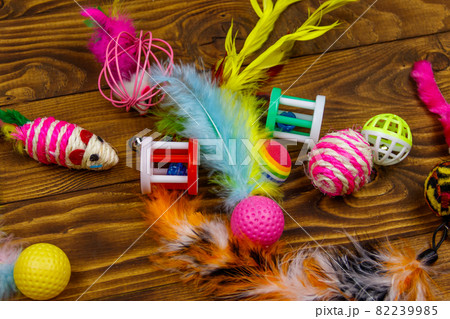 Set of toys for cat on wooden background 82239985
