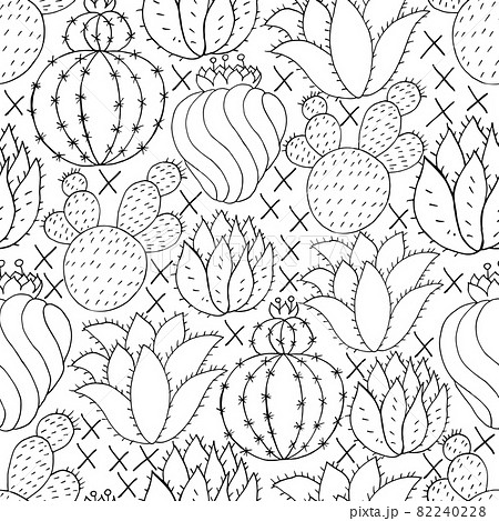 Seamless botanical illustration. Tropical pattern of different cacti, aloe Seamless botanical illustration. Tropical pattern of different cacti, aloe 82240228