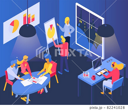 Business office, isometric vector illustration, teamwork meeting at room, flat man woman character sitting at table room, show infographic report 82241028