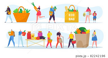Ecology friendly people set concept, vector illustration. Flat tiny man woman character shopping, use eco paper bag without plastic. Ecology friendly people set concept, vector illustration. Flat tiny man woman character shopping, use eco paper bag without plastic. 82242196
