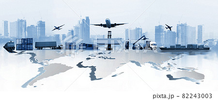 The world logistics , there are world map with logistic network distribution on background and Logistics Industrial Container Cargo freight ship for Concept of fast or instant shipping 82243003