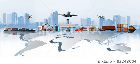 The world logistics , there are world map with logistic network distribution on background and Logistics Industrial Container Cargo freight ship for Concept of fast or instant shipping The world logistics , there are world map with logistic network distribution on background and Logistics Industrial Container Cargo freight ship for Concept of fast or instant shipping 82243004